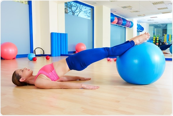 Pilates woman pelvic lift fitball exercise - Image Copyright: holbox / Shutterstock