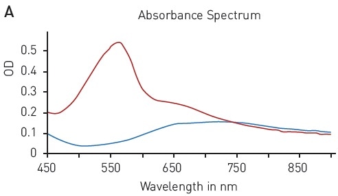 BCA protein quantification assay. A) Absorbance spectrum of bicinchoninic acid (native – blue, BCA-Cu+-complex in presence of BSA - red) B) Protein standard curve of BSA.