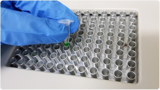 Picture of scientist placing PCR tube with Taq polymerase into PCR machine - taken by Putita