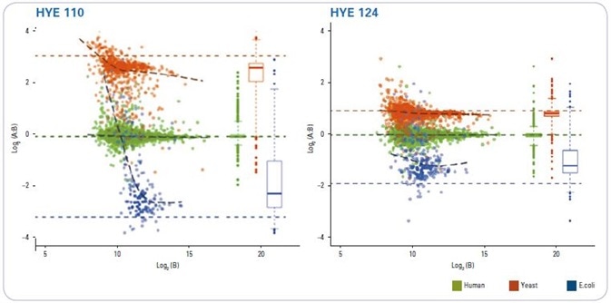 Protein level quantitative results for HYE110 and HYE124 sample analyzed after processing using LFQbench. Log-transformed ratios (log2(Sample A/ Sample B)) of yeast (orange), human (green) and E. coli (purple) proteins are plotted over log-transformed intensity for sample B (2834 proteins plotted for HYE110 and 3320 for HYE124). Colored dashed lines represent expected values.