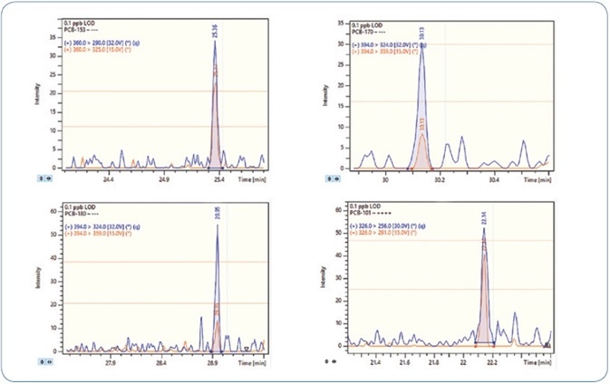 MRM chromatograms for selected PCBs at 0.1 ppb level (100 femtogram on-column).
