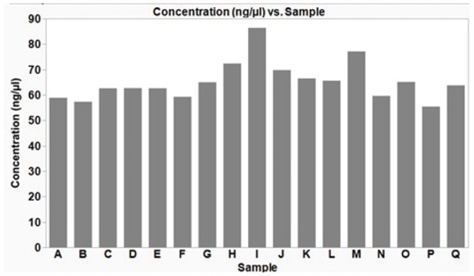 Plasmid DNA extracted from multiple bacterial E. coli samples simultaneously, using an automated method on the CyBio® FeliX. Using the automated method described here, plasmid DNA (p15a ORI) was isolated from E. coli DH5α cells, grown under optimized conditions. The isolated plasmid DNA yield was reproducible across the samples with an average yield of 65.3 ng/μL (± 7.7 ng/μL SD). The average 260/280 ratio was 2.0 (± 0.05 SD), indicative of good DNA quality.