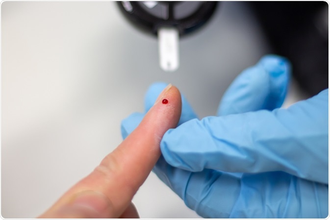 Diabetes patient measuring glucose level blood test using glucometer. Image Credit: Nehris / Shutterstock