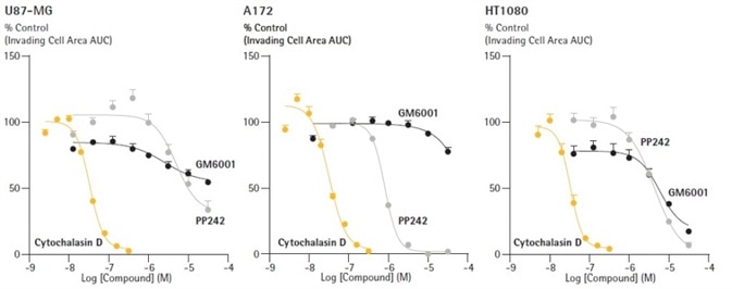 Distinguish pharmacological profiles of anti-metastatic compounds through concentration response curve generation. U87-MG, A172 and HT1080 cells were seeded in ULA round bottom 96-well plates (2,500 cells/well; U87-MG, HT1080 and 5,000 cells/well; A172) and allowed to form spheroids (3 d) prior to treatment. Spheroids were subsequently embedded in 2.25 mg/mL Matrigel and spheroid invasion was monitored for 10 d. Representative concentration response curves (CRCs) of the area under the curve (AUC) analysis of the invading cell area (μm2) (0 – 7 d). Data were collected over a 240 h period at 6 h intervals. Each data point represents mean ± SEM,