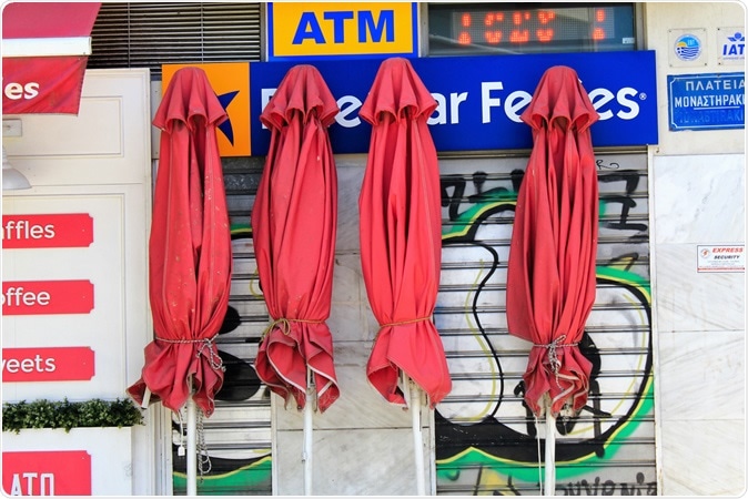 Athens, Greece, May 6 2020 - Closed shops in Monastiraki district during the Coronavirus lockdown. Image Credit: Theastock / Shutterstock