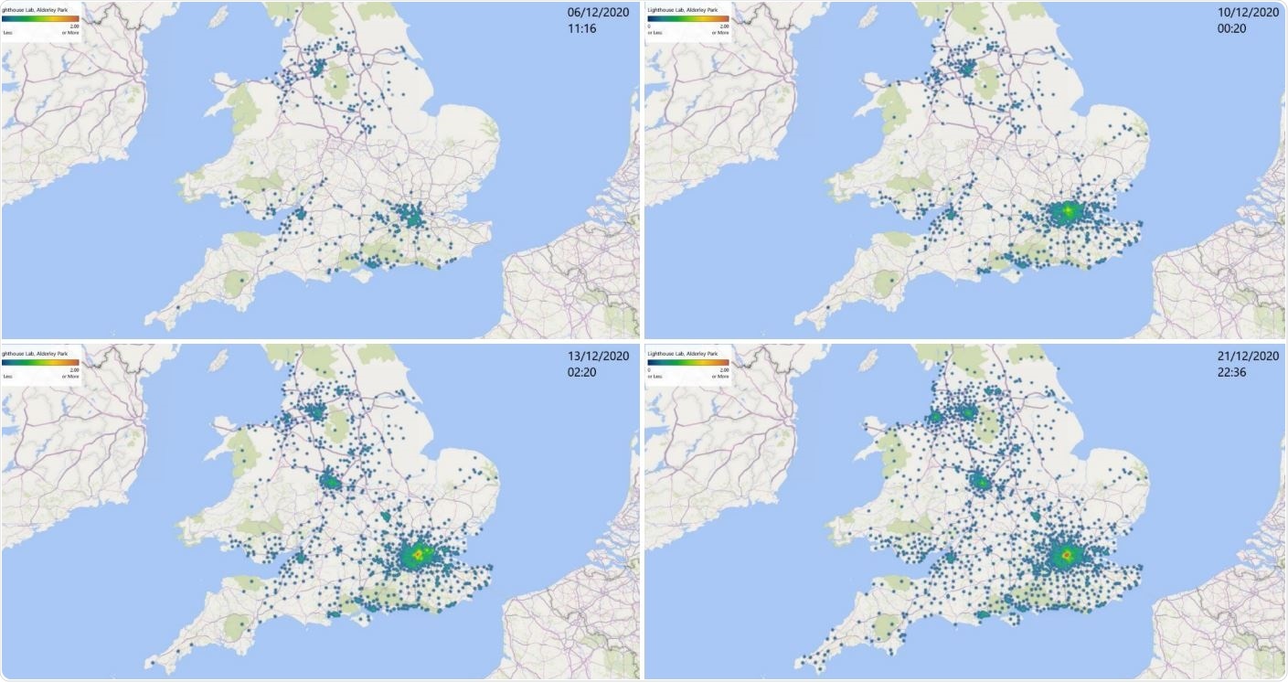 Map of S-gene detection failure, associated with the new SARS-CoV-2 variant. Data collected at Alderley Park, Lighthouse Labs, from 1st to 21st of December 2020.