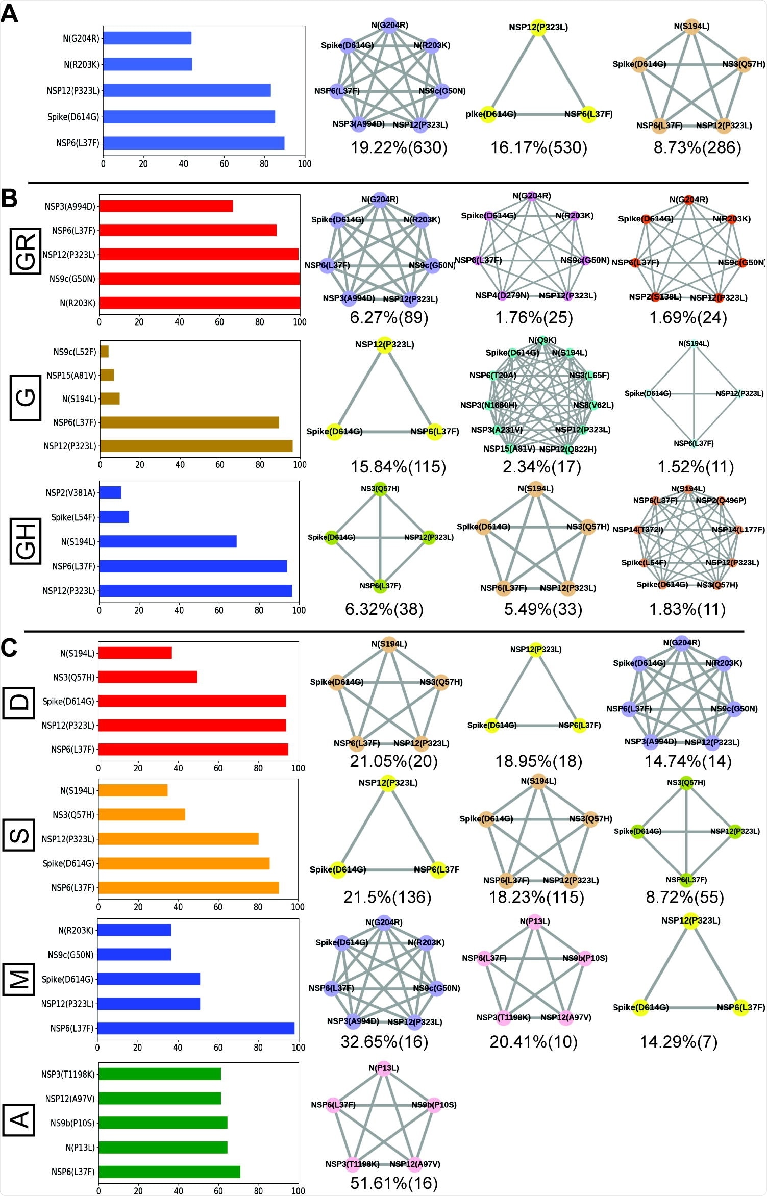 Frequent mutations, co-mutations and their association with disease severity in India. A. Most frequent 5 mutations and 3 co-mutation patterns in India. B. Most frequent 5 mutations and 3 co-mutations in major clades of India. Clade defining mutations are excluded in the bar plot. C. Most frequent 5 mutations and 3 co-mutations in different types of patients. Different color codes are used for specific co-mutation network motifs. Network motifs were sorted and ranked exclusively.