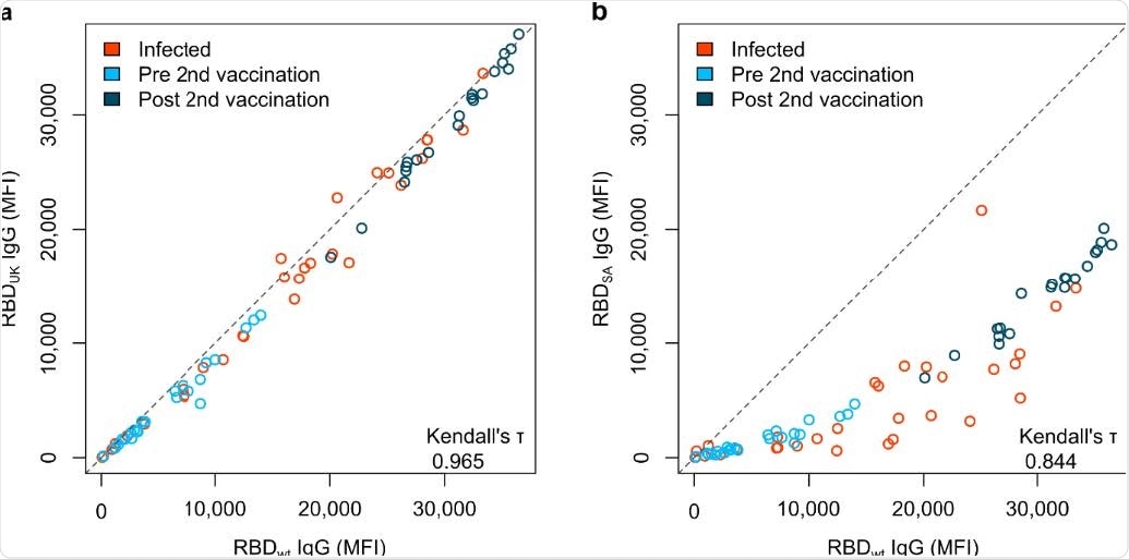 South African RBD mutant has a reduced response compared to UK RBD mutant