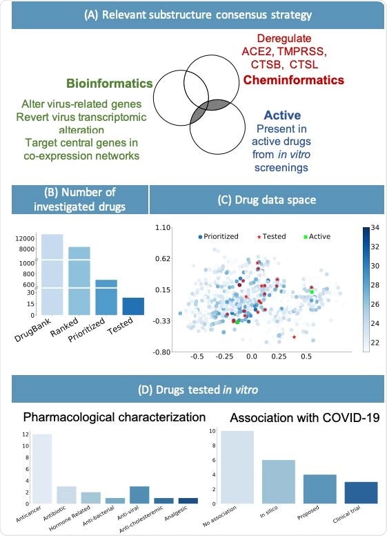 (A) Consensus strategy to identify relevant chemical substructure, using bioinformatics and cheminformatics methods as well as experimental results from published literature. (B) The suggested approach allows reducing the number of experimental tests: the whole DrugBank database was filtered to less than 2000 relevant drugs and in vitro testing was performed on 23 candidates. (C) Graphical representation of the prioritized drugs. The shade of blue represents the number of chemical substructures identified in (A), present in the drugs. The 23 selected compounds are shown in red. They were selected among the drugs sharing the most relevant substructure as well as satisfying practical logistic criteria. Of the 23 drugs, the 2 highlighted in green have been experimentally identified as active. (D) Pharmacological characterization and description of known association with COVID-19 of the 23 tested drugs. In silico refers to drugs derived from in silico studies, while proposed refers to drugs suggested for their potential therapeutic role in literature.