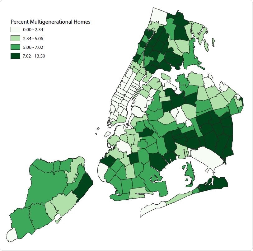 Unadjusted and predicted trends in suspected COVID-19 cases per 10,000 population in March 1-30 2020 by a) percentage of multigenerational households, and b) percentage of overcrowdedness, both in quartiles