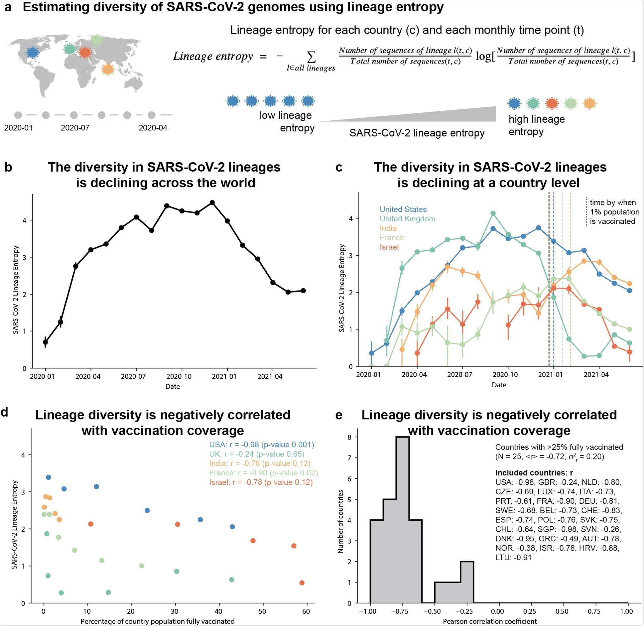 SARS-CoV-2 genomes show a global decline in sequence diversity coinciding with mass vaccination for COVID-19. (a) Schematic overview of estimating genomic diversity of SARS-CoV-2 (b-c) Diversity in SARS-CoV-2 lineages within the GISAID data, quantified using the entropy of the lineage probability distribution within 1-month time windows. Vertical dashed lines indicate the time at which countries reached a vaccine coverage of 1% of their total population. (d) Scatter plot showing the correlation between the country-level percentage of fully vaccinated individuals (from OWID21) and SARS-CoV-2 lineage entropy. (e) Distribution of the Pearson correlation coefficient between country-level percentage of fully vaccinated individuals and SARS-CoV-2 lineage entropy for all 25 countries with greater than 25% of their population fully vaccinated (as of June 26th, 2021) and at least 4-months with 100 or more sequences deposited to GISAID, after start of vaccination. The ISO 3166-1 alpha-3 code of included countries and their Pearson correlation are listed in the figure legend.