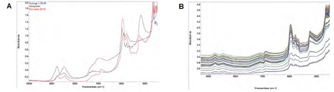 (A) Absorption NIR spectra of API, polymer, and a 50/50 (w/w) extrudate in full scale. (B) Transflectance NIR spectra in common scale acquired during extrusion.