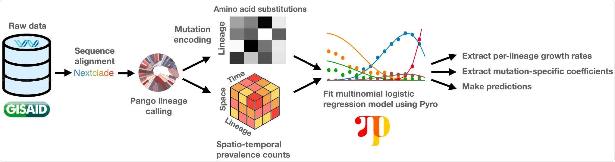 Overview of the PyR0 analysis pipeline. After alignment and lineage assignment, sequence data are used to construct spatio-temporal lineage prevalence counts ytps and amino acid substitution covariates Xsf. Pyro is used to fit a Bayesian multinomial logistic regression model to ytps and Xsf.