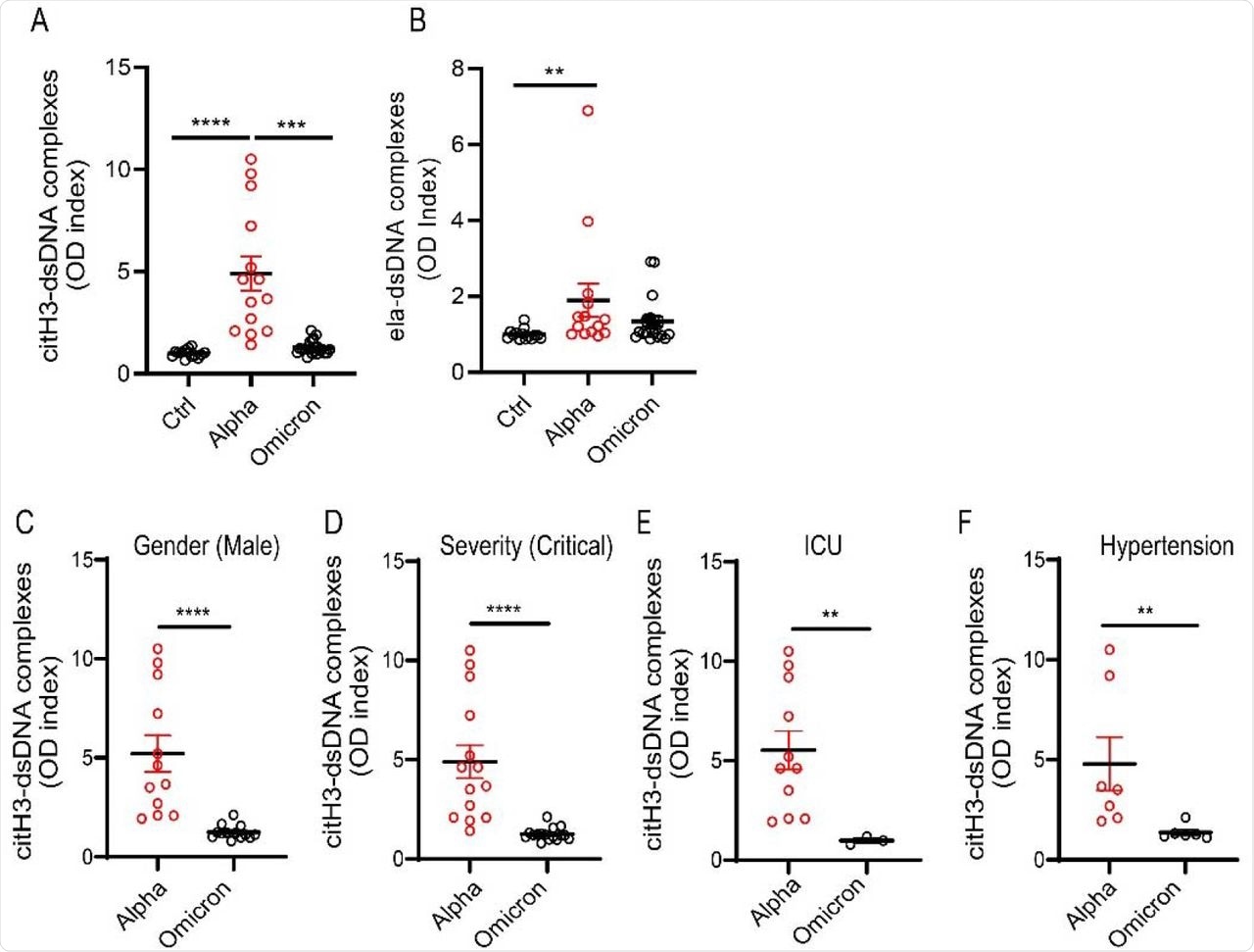 NET remnants are lower in adult unvaccinated patients infected with the Omicron variant. Plasma levels of (A) citrullinated histone H3 (citH3) and (B) elastase-DNA complexes (ela-dsDNA) were measured in COVID-19 patients infected with SARS-CoV-2 Alpha or Omicron variants (ctrl