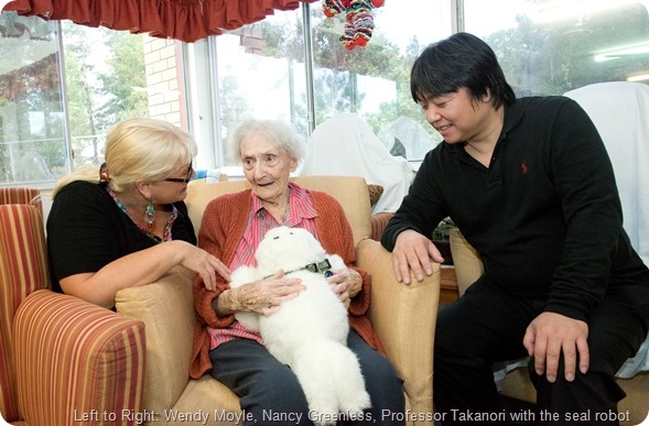 Professor Takanori is in Australia from Japan to meet with Professor Wendy Moyle to talk about the robots for dementia. At Sinnamon Park Retirement Village.