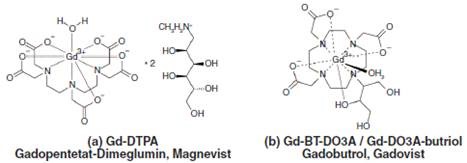 Chemical structures of two gadolinium chelates typically used in MRI, (a) Magnevist with linear and (b) Gadovist with macrocyclic polyaminopolycarboxylic acid ligands.