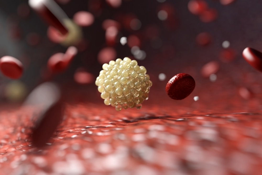 Omega 3 Fatty acid molecules amid flowing red blood cells in arteries