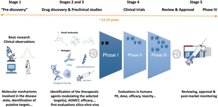 Drug discovery and development. The main stages are represented in a highly simplified manner. The process varies depending on the molecular mechanisms expected to be linked to the disease and the type of therapeutic agents that needs to be developed. The approximate cost is around US $2.8 billion and the time needed to complete the entire process is around 12–15 years.