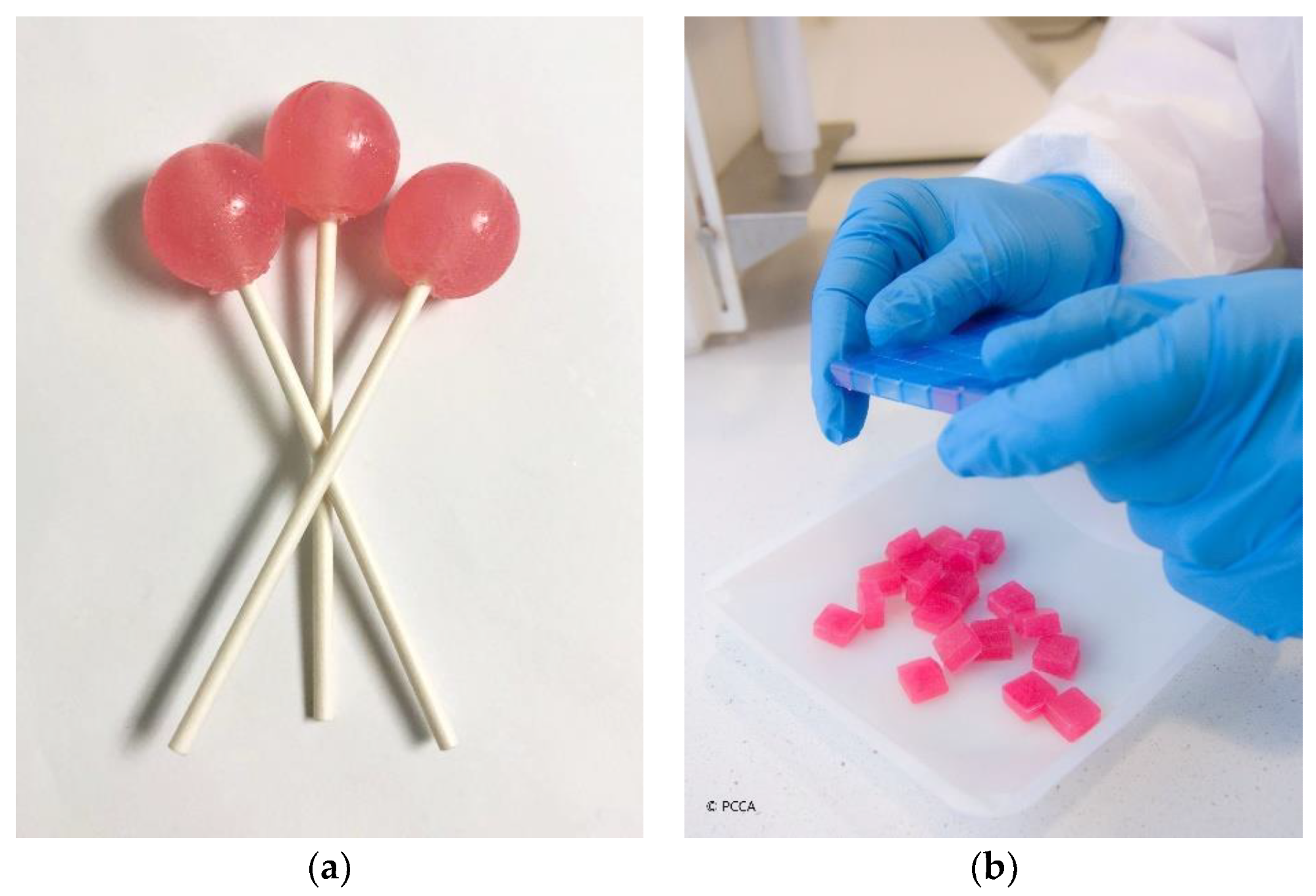 Child-friendly dosage forms: (a) medicated lollipops; (b) medicated lozenges (troches) (courtesy of PCCA, 2021).1