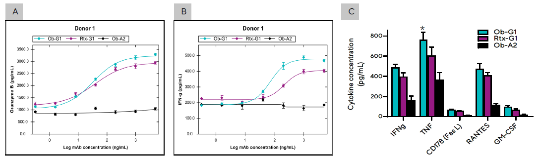 Effector proteins and cytokines secreted during the PBMC- Raji tumor cell co-culture described in Figure 3C. Secretion levels of (A) Granzyme B and (B) IFNγ by PBMCs from Donor 1 cultured with Raji tumor cell in the presence of anti-hCD20 mAbs at concentrations ranging between 0–5 µg/mL. (C) Summary of cytokines produced by Donor 1 PBMCs co-cultured with Raji cells and 3 different mAbs at 1 µg/mL dose. Bar graph data presented as Mean +/- 1 SD, 3 replicates/mAb dose. (*) Significantly higher levels of cytokines produced in co-culture using ObG1 compared to Rtx-G1 anti-CD20 mAb, p < 0.05.
