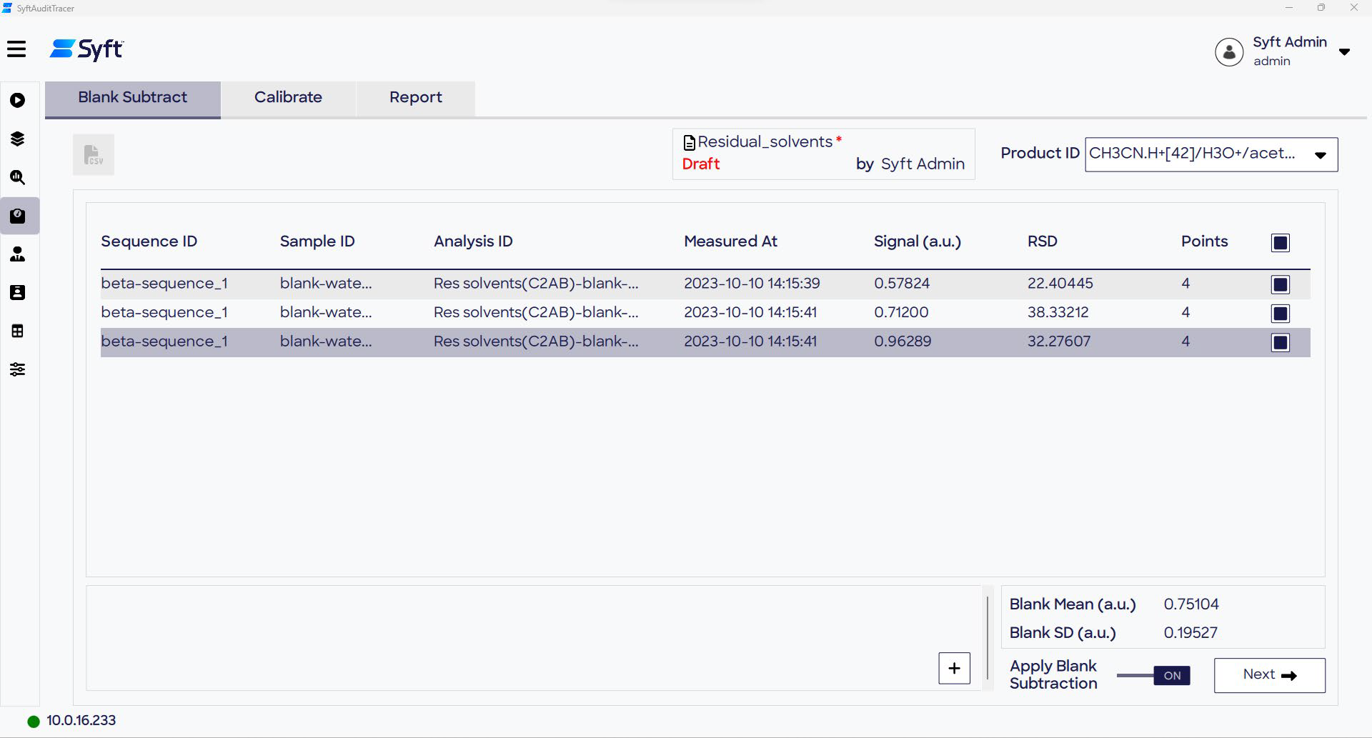The Blank Subtraction tab of the Quantitate page provides the option to subtract blank sample data from other types of sample data