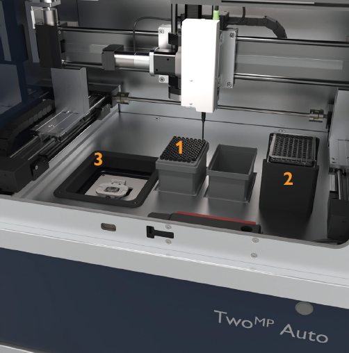 A close-up of the robotic pipetting arm used in automated mass photometry