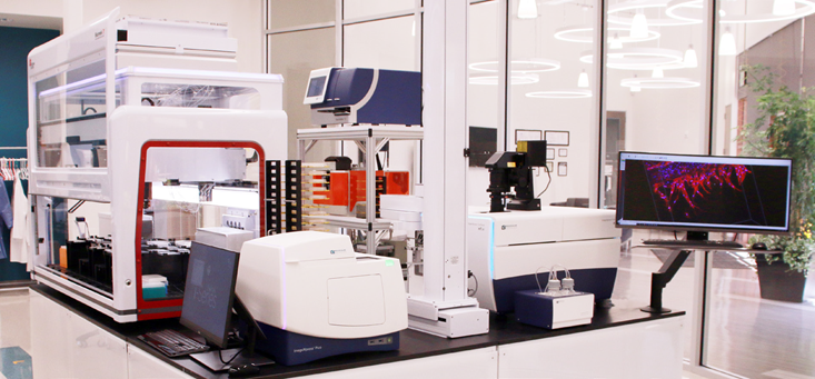 The integrated system includes an automated CO2 incubator, liquid handler, IXM-C HT.ai confocal imaging system, automation compatible plate reader and centrifuge A Collaborative robot and scheduling software allows automated plate transfer between instruments, and scheduling of different steps.