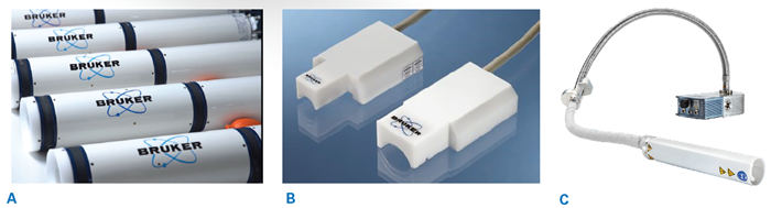 BioSpec Maxwell portfolio of dedicated RF coils. A) With up to 82 mm inner diameter, the range of volume coils for BioSpec Maxwell instruments accommodates preclinical imaging species ranging from mice up to large rats. B) Dedicated brain and spine coils are optimized to ideally match anatomical regions of interest. C) For studies requiring highest resolution, the MRI CryoProbe provides a sensitivity boost