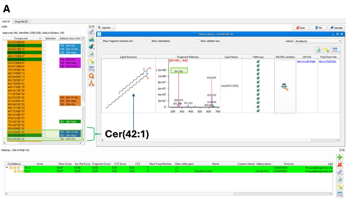 Example Cer(42:1) identification at 7.92 min as the in Lipostar2 (A) and in waters_connect Platform (B)