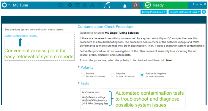 Built-in contamination check procedures in SCIEX OS software for easy troubleshooting. The MS Tune module in SCIEX OS software provides an automated contamination check procedure that allows the user to troubleshoot and monitor instrument performance during sensitivity loss. At the end of the procedure, the software generates a summary report of the instrument health based on the tests ran