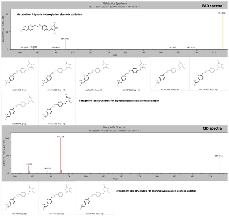 EAD and CID spectra for a metabolite showing aliphatic hydroxylation and alcoholic oxidation with fragment ion matches for structures predicted by Mass-MetaSite software. Product ion matches with pioglitazone are displayed in red and metabolite-specific matches are indicated in yellow