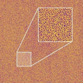 Phase image of styrene butadiene block copolymer (SBC), collected in TappingMode with an RTESPA probe. Full scan size is 5000 × 5000 µm, 2560 × 2560 px. Inset is a digital zoom showcasing the data density and level of detail retained