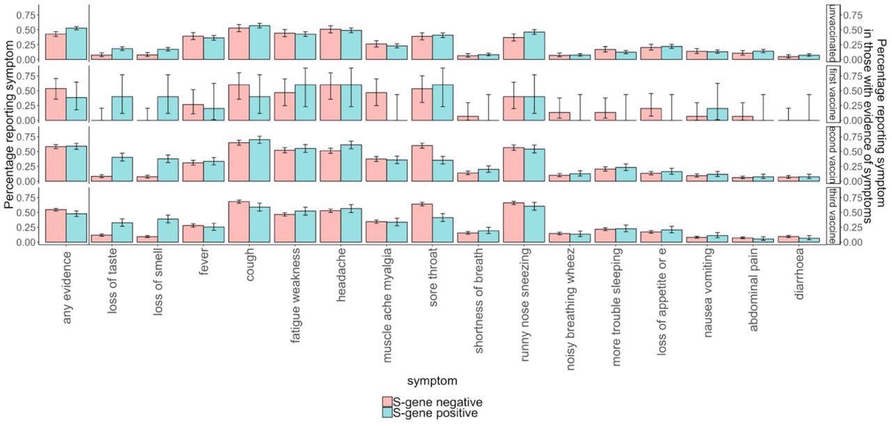 Percentage of S-gene-negative (Omicron-compatible) and S-gene-positive (Delta-compatible) symptomatic PCR-positives in December 2021 reporting different symptoms by vaccination status.