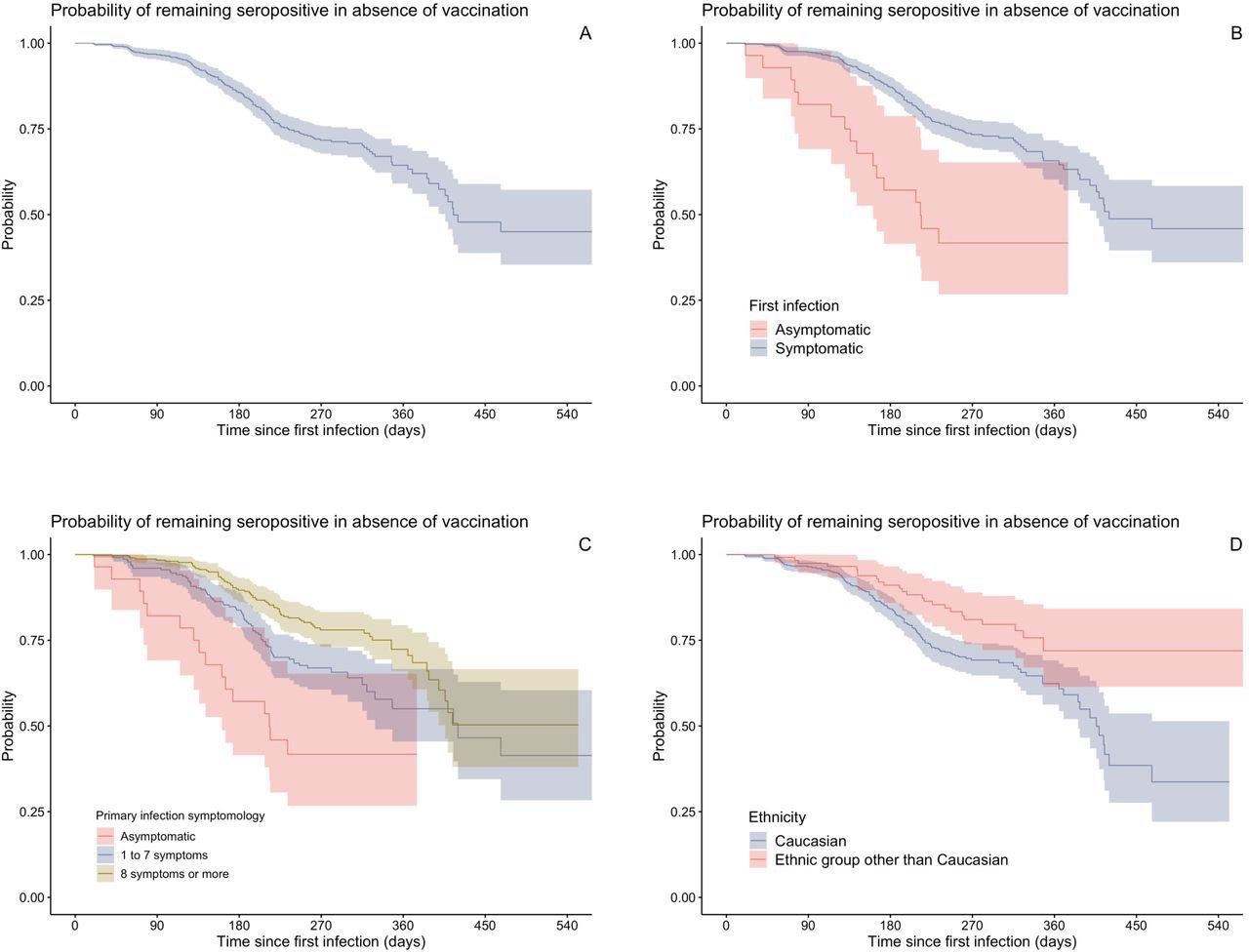 Longitudinal follow-up results for serology, displayed as Kaplan-Meier curves. All curves represent the probability of remaining seropositive as function of time since primary infection, in absence of vaccination. Negative serology was the primary event and vaccination was a censoring event. Panel A: Crude Kaplan-Meier curve including all participants. Panel B: Kaplan-Meier curves stratified by symptomatology of primary infection alone (asymptomatic vs symptomatic). Panel C: Kaplan-Meier curves stratified by ethnic group alone (Caucasian vs ethnic group other than Caucasian). Panel D: Kaplan-Meier curves stratified by symptomology of first infection and ethnic group; confidence intervals not shown for clarity.