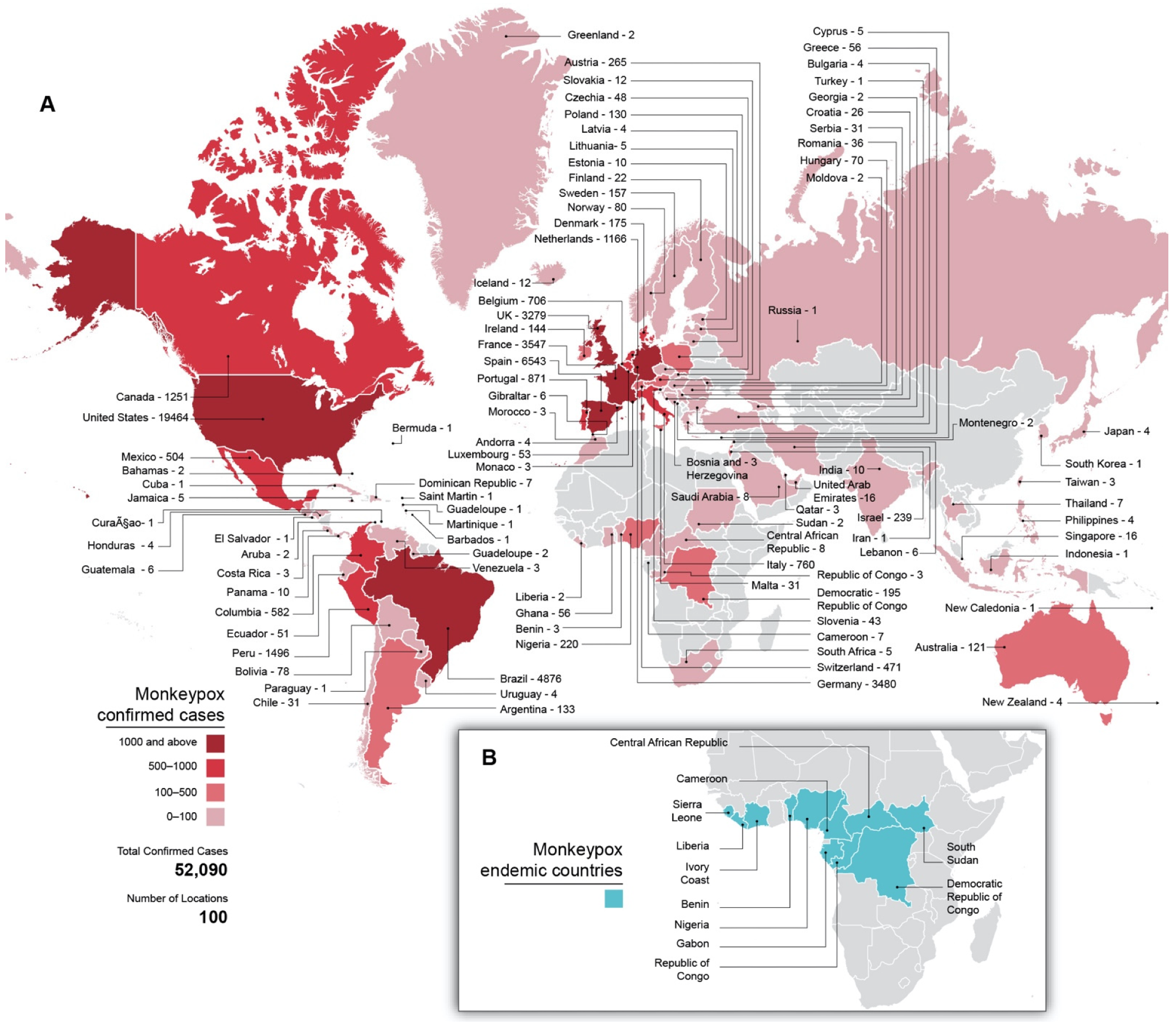 ​​​​​​​Global distribution of MPX cases. (A) MPX cases per country in the current outbreak through 1 September 2022, as well as total, confirmed cases and affected countries. Countries are colored according to case counts. Gray shading indicates no known cases. (B) Countries historically endemic for MPXV. Gray shading indicates non-endemic countries.