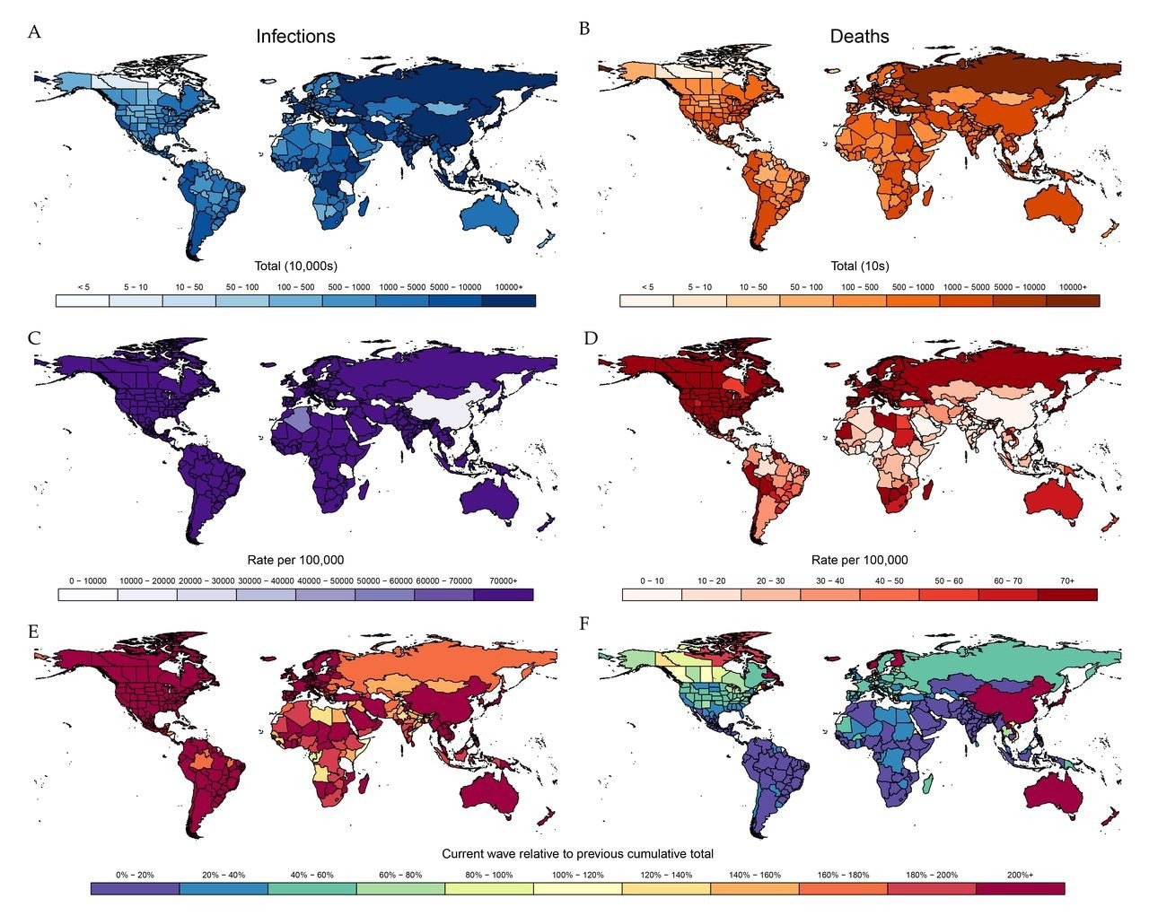 Cumulative total SARS-CoV-2 infections and COVID-19 deaths for Omicron wave from November 15, 2021, to December 12, 2022. Left column displays cumulative SARS-CoV-2 infections by location by count (A), rate (C), and relative size compared to entire pandemic up to November 15, 2021 (E). Corresponding values for COVID-19 deaths are shown in panels B, D, and F, respectively.
