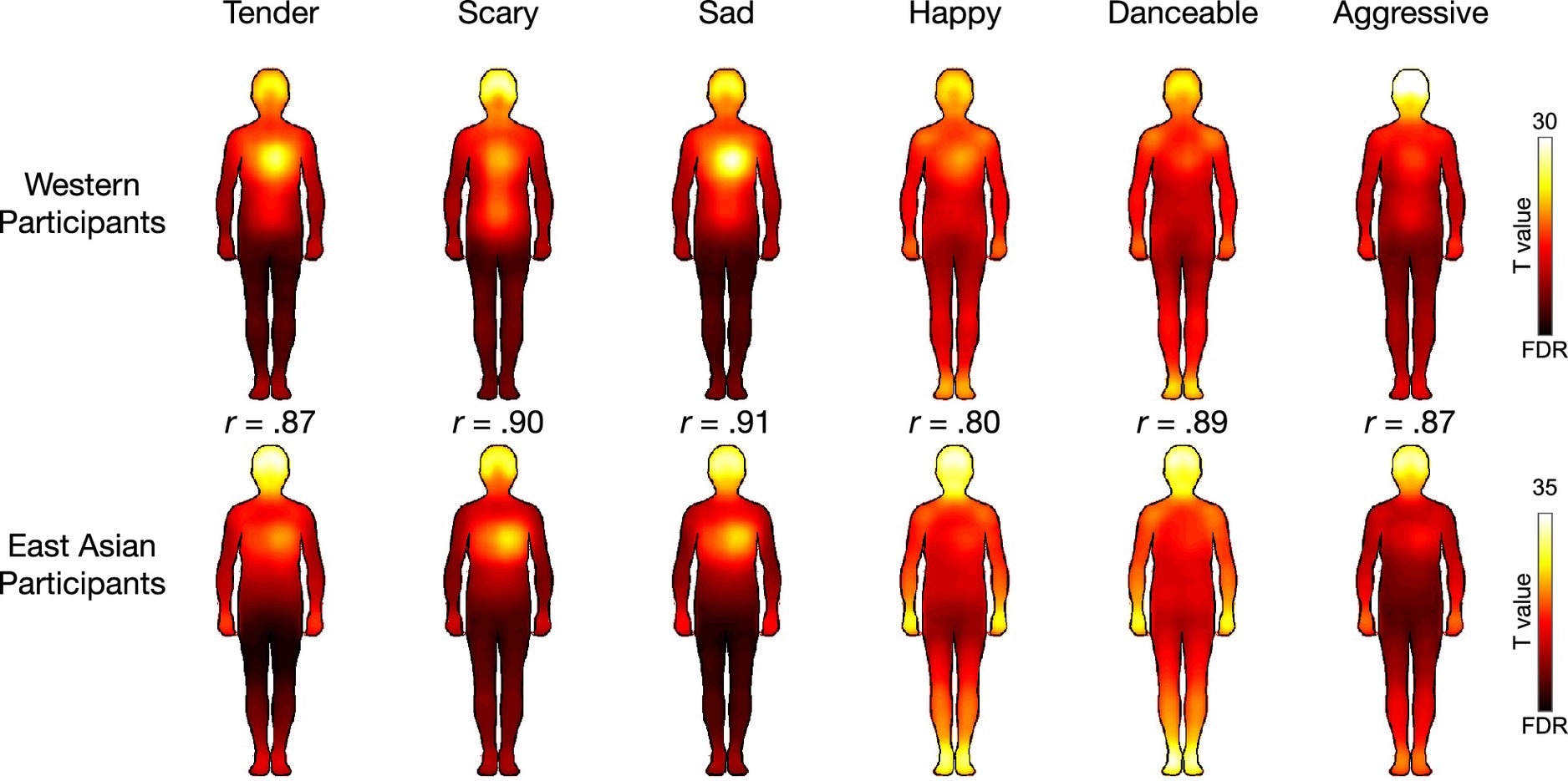 Topographies of bodily sensations evoked by each song category in Western and East Asian listeners. The maps show regions whose activation increased when listening to songs in each category (averaged over songs within each category, P < 0.05 FDR corrected). The correlation coefficients indicate the correlation between the BSMs of Western and East-Asian participants for each emotion.