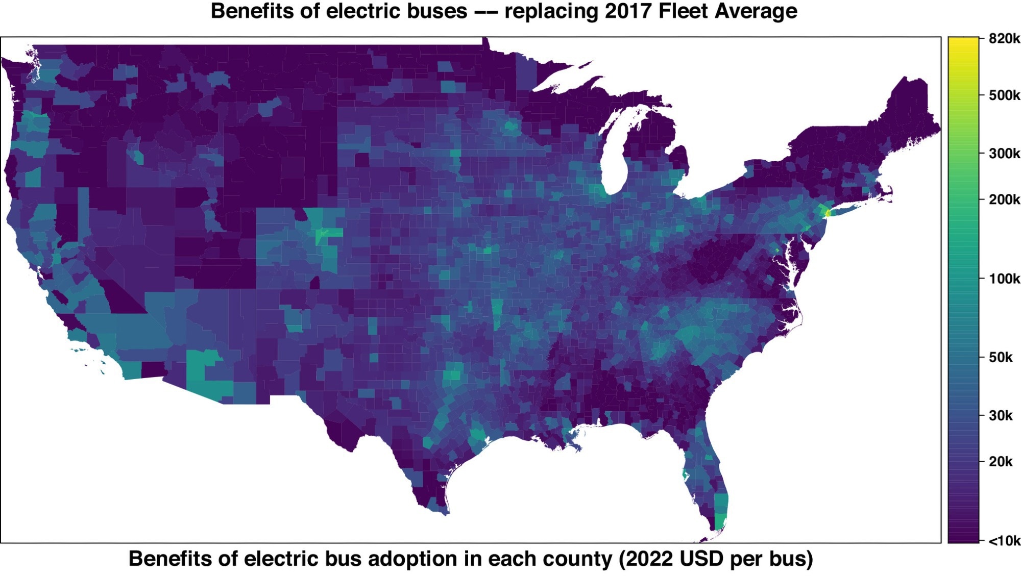 Health benefits of electric school bus adoption in each county, if they replace the average diesel school bus in each county’s fleet in 2017. Values smaller than $10,000 are not shown (n = 448 counties), including three counties with negative benefits varying between -$300 and -$800. County geographical boundaries are from the U.S. Census Bureau.