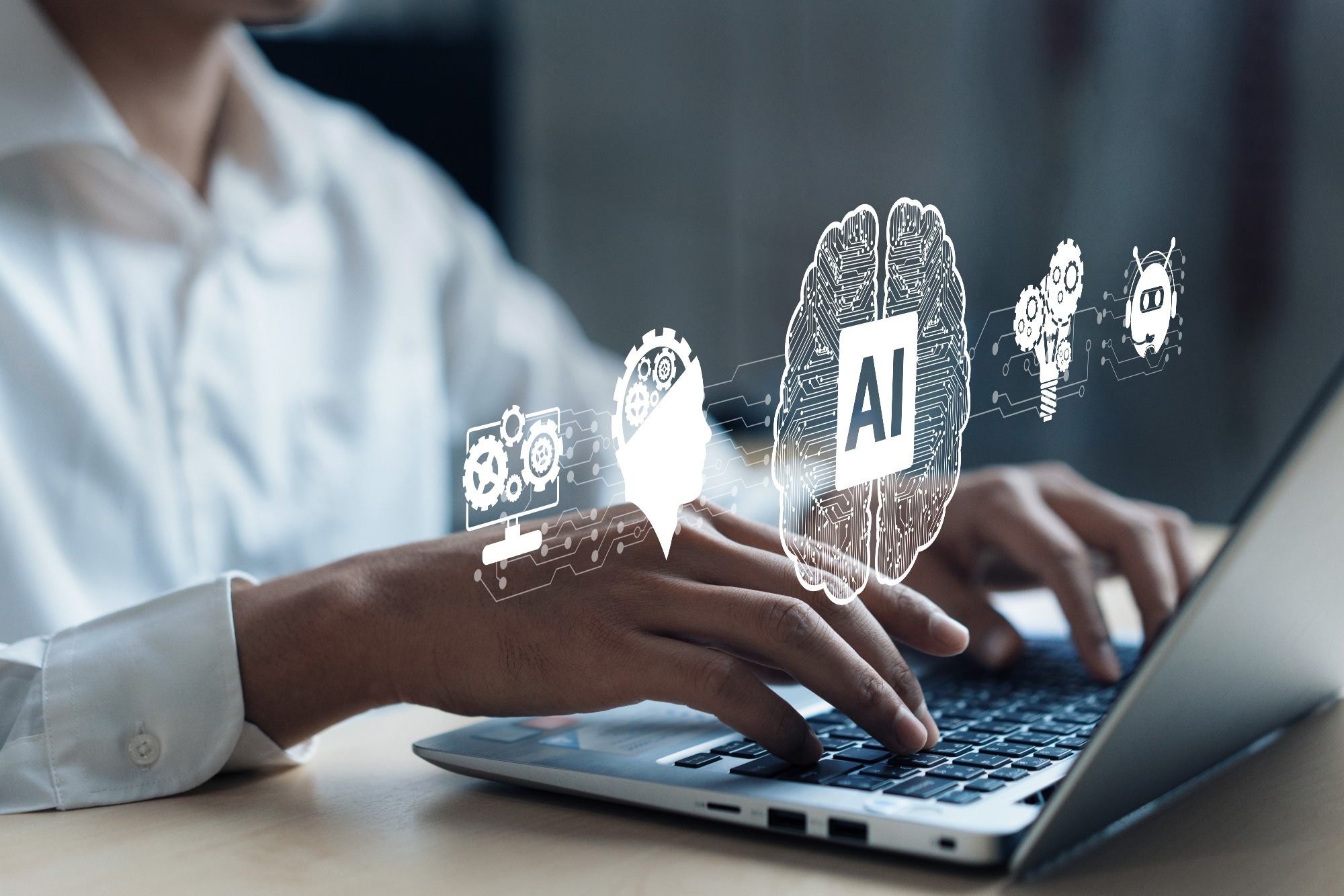 Human interact with AI artificial intelligence brain processor in concept of AI artificial intelligence.