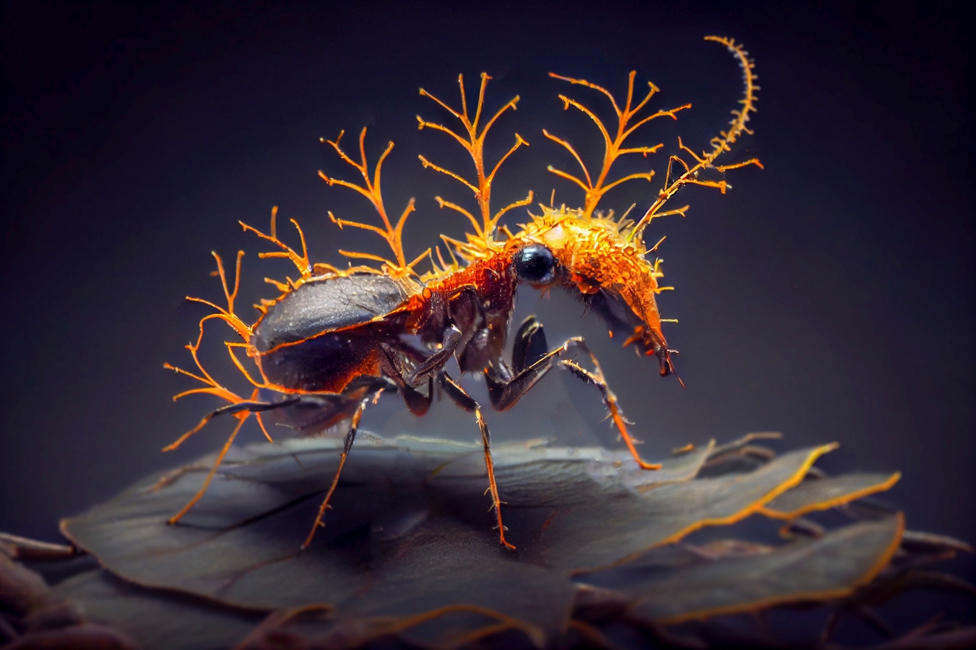 Cordyceps parasitic fungus growing on an ant, also known as zombie-ant fungus, 3D illustration.
