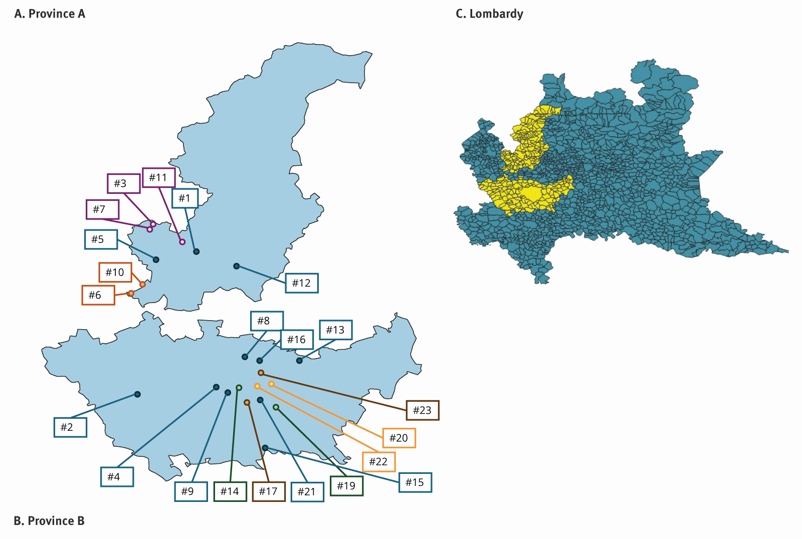 Geographical distribution of genotype B3 measles cases in Province A and Province B, northern Italy, January–April 2025 (n = 27). A colour pattern different from blue identifies a direct linkage between cases.