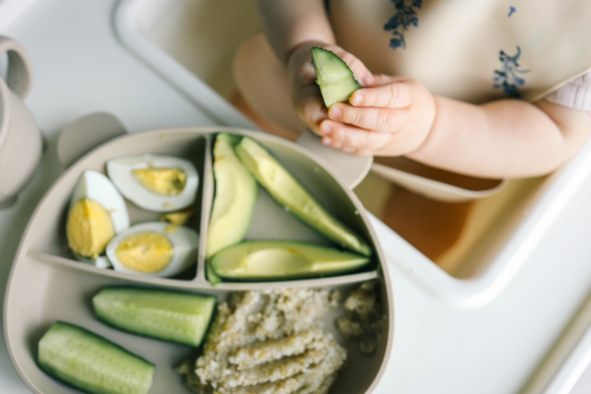Infant self feeding vegetables, eggs and cereal