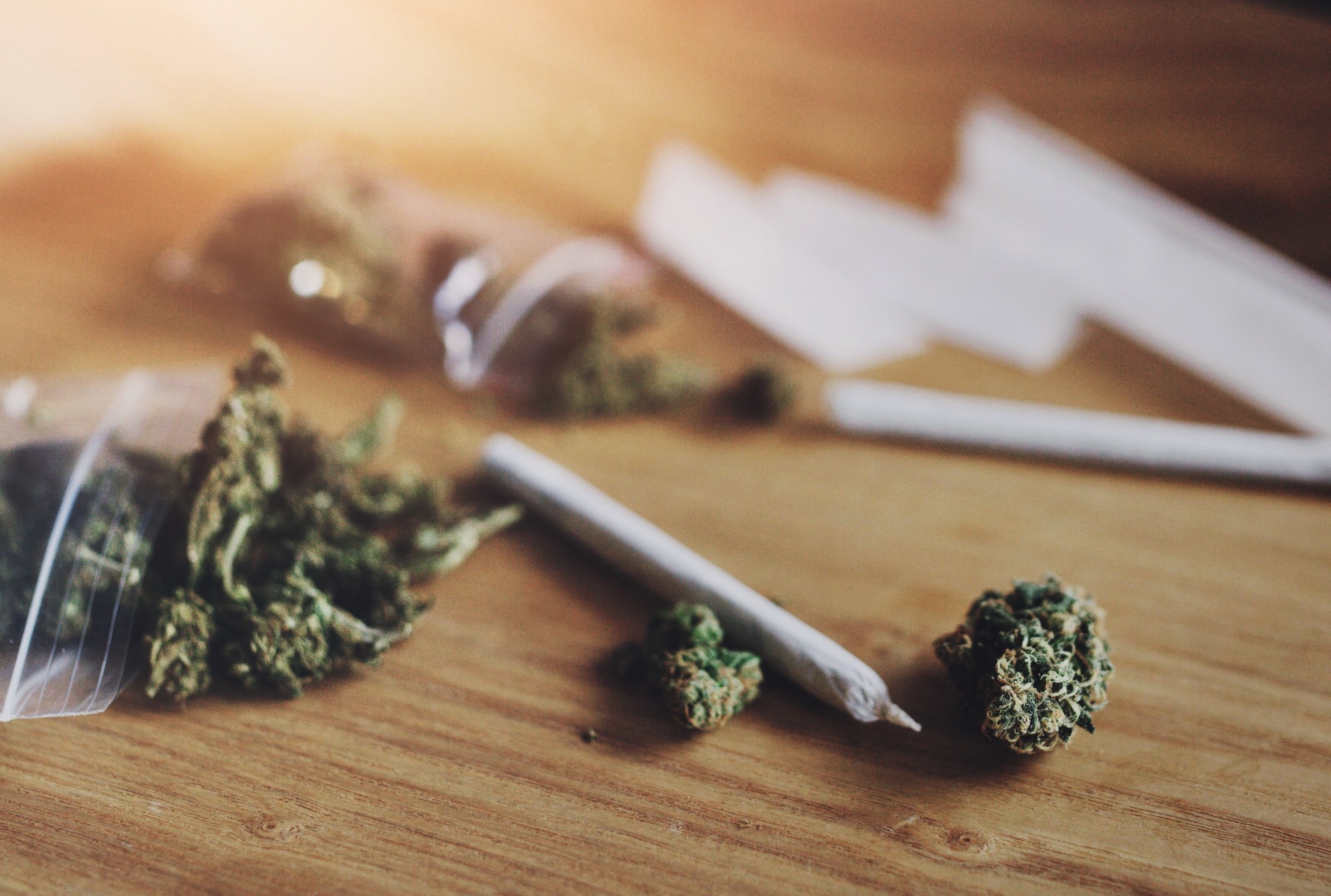 Cannabis buds and rolled cannabis cigarette on table