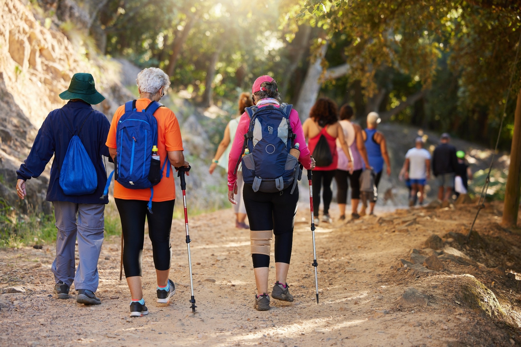 older adults hiking in the forest