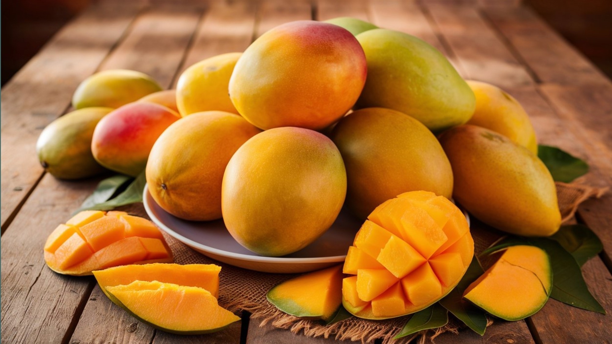 mango with slices on table