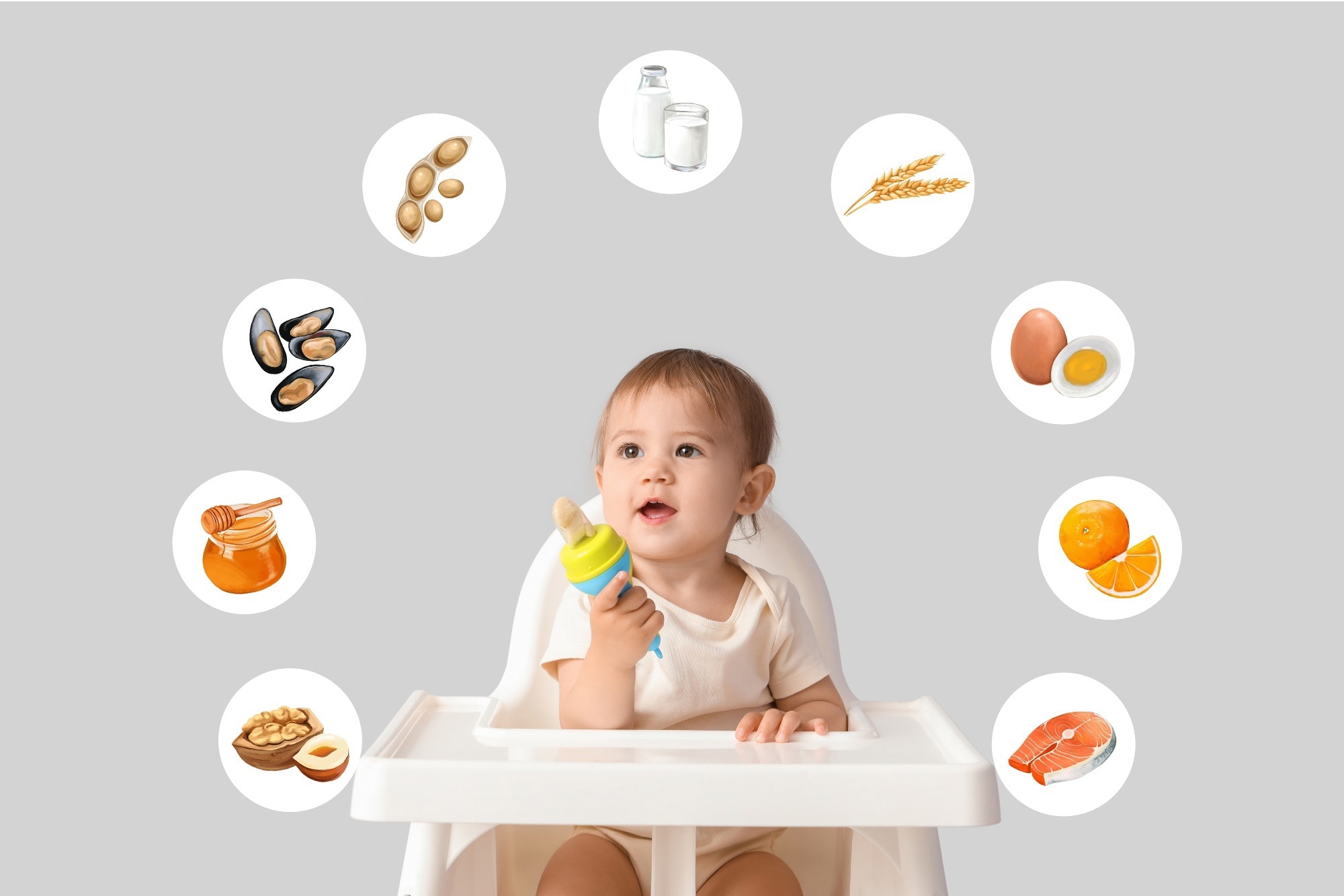 Baby and different drawn products of common food allergens